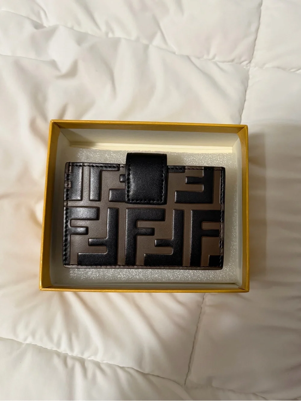 Fendi Brown and Black FF Logo Leather Card Wallet with Gold Emblem